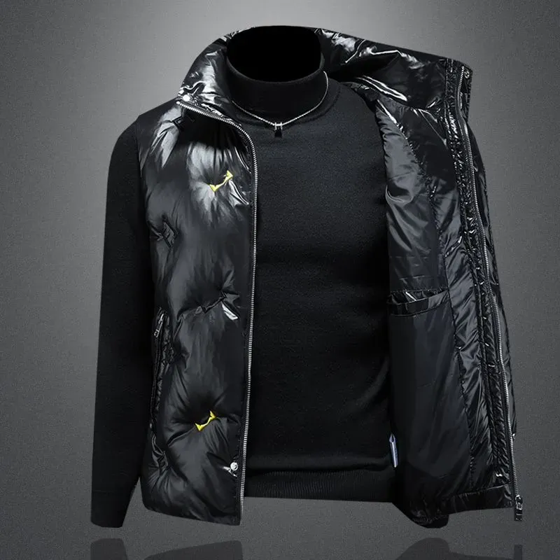 メンズダウンベスト、スタイリッシュなスタンドカラー、秋冬用の暖かいアウター