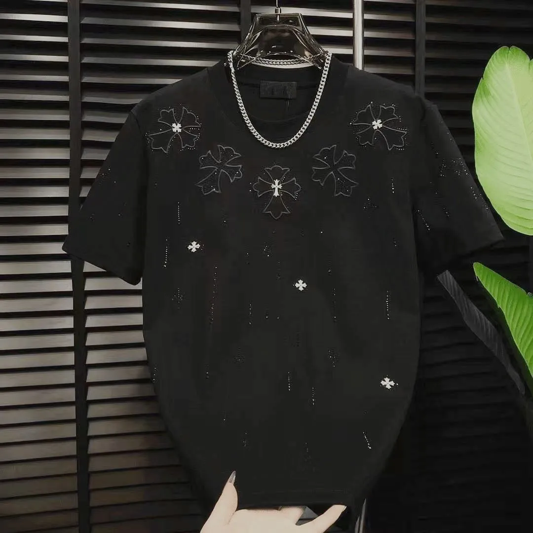 『S-4XL』メンズ向け新作ラグジュアリーカジュアルTシャツ：クルーネック、刺繍ラインストーン入り半袖