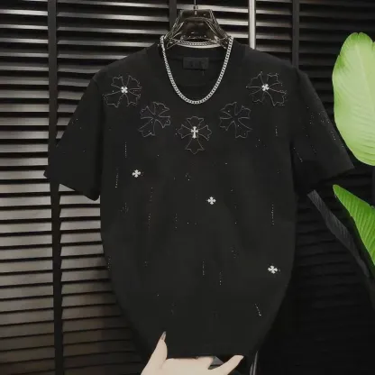『S-4XL』メンズ向け新作ラグジュアリーカジュアルTシャツ：クルーネック、刺繍ラインストーン入り半袖