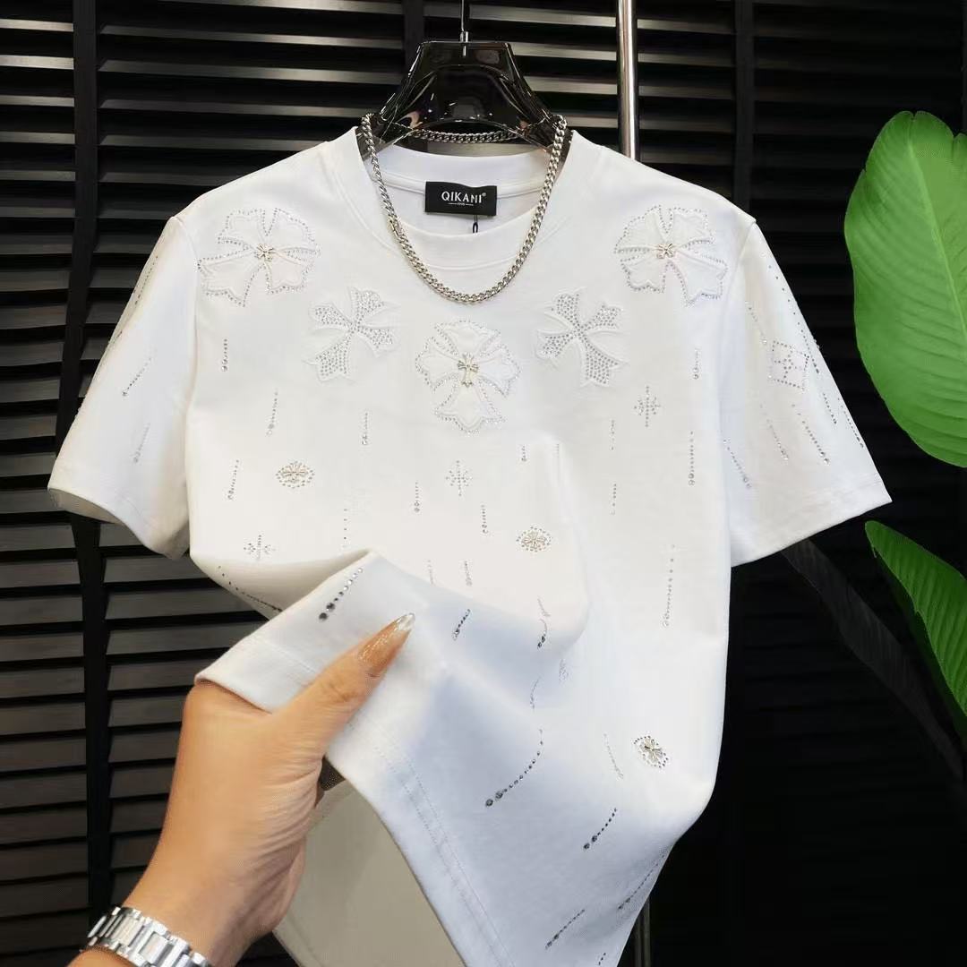 『S-4XL』メンズ向け新作ラグジュアリーカジュアルTシャツ：クルーネック、刺繍ラインストーン入り半袖