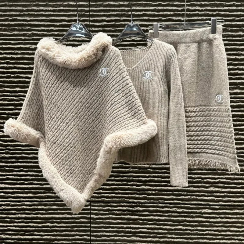 『フリーサイズ』今季も大流行 女子マスト フェミニン 刺繍 ニット生地 ケープ セットアップ