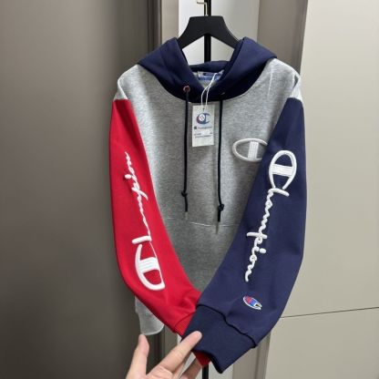 『M-4XL』秋のパーカー、赤と白のカラーブロッキング、クラシックな刺繍のフード付きスウェットシャツ