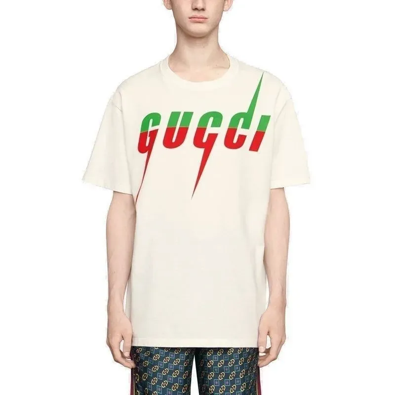 サマーライトニングカラーブロックピュアコットンクルーネック半袖Tシャツ