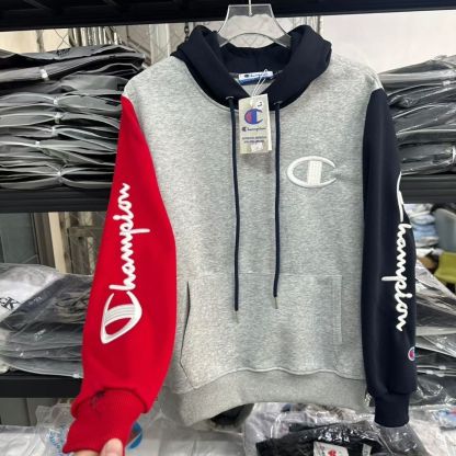 『M-4XL』秋のパーカー、赤と白のカラーブロッキング、クラシックな刺繍のフード付きスウェットシャツ