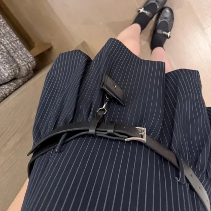 『S-L』好感度100％ 質感のいい フェミニン ストライプ ノースリープ フリル ワンピース