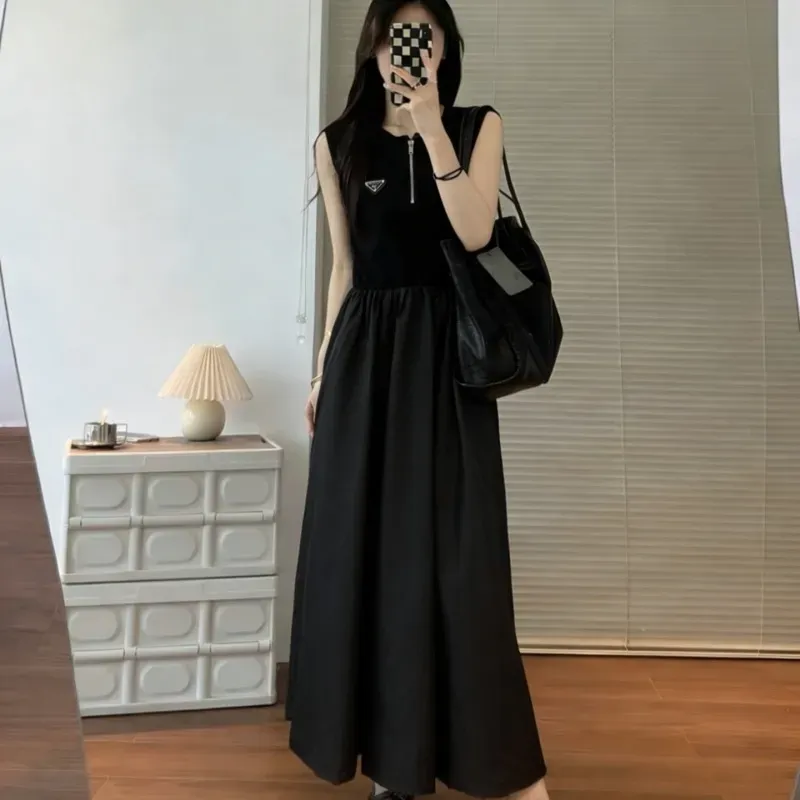 『S-L』好感度100％ 質感のいい シンプル ノースリープ ハーフ ジップ ワンピース