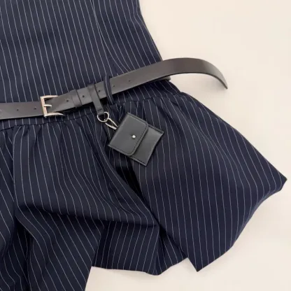 『S-L』好感度100％ 質感のいい フェミニン ストライプ ノースリープ フリル ワンピース