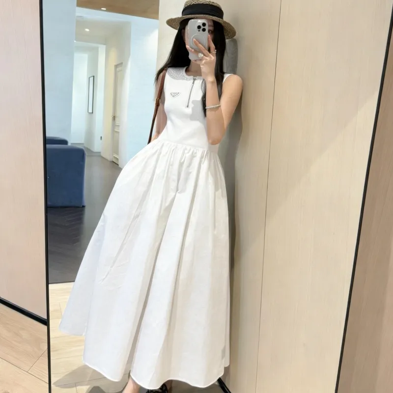 『S-L』好感度100％ 質感のいい シンプル ノースリープ ハーフ ジップ ワンピース