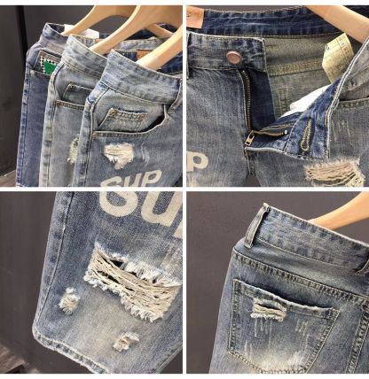 メンズのトレンドの破れたデニムショートパンツ、夏のカジュアルなストレートレッグミドル丈パンツ、5点パンツ