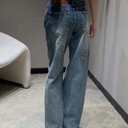 『S-XL』新作パッチワークデニムジーンズ、ゆったりとしたワイドレッグパンツ、ストレートレッグ、トレンディなブランド