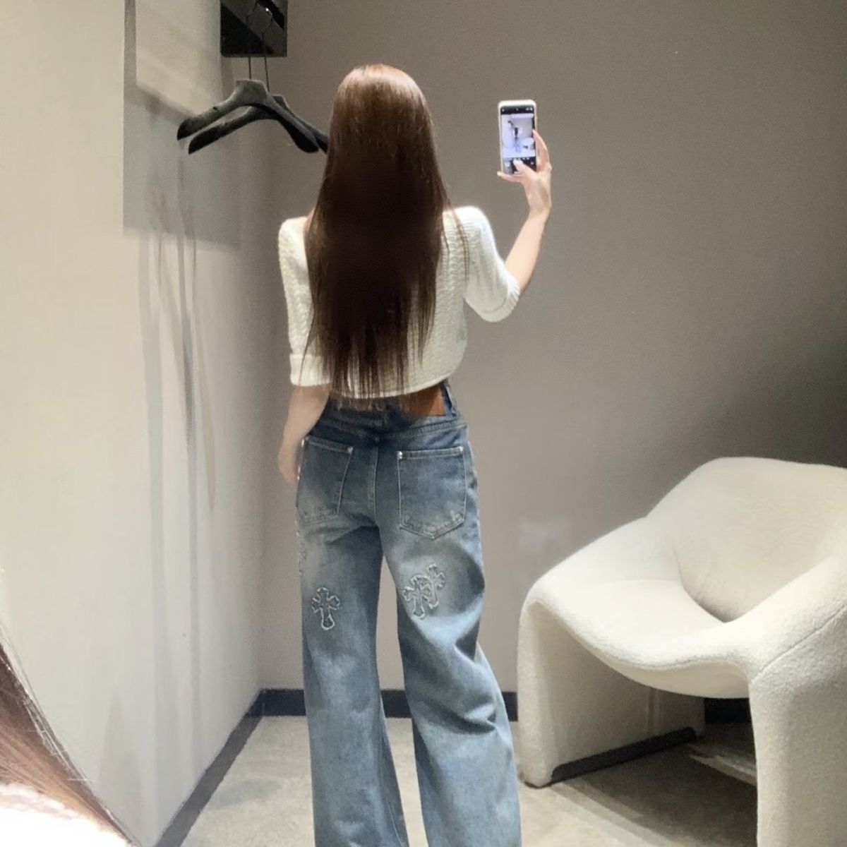 『S-XL』新作パッチワークデニムジーンズ、ゆったりとしたワイドレッグパンツ、ストレートレッグ、トレンディなブランド
