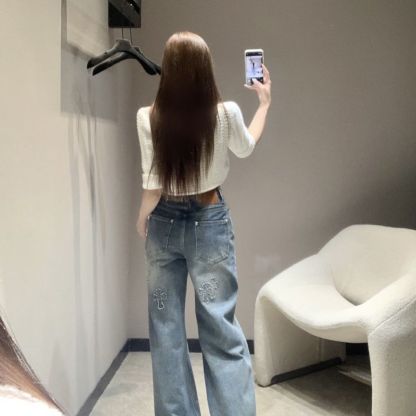 『S-XL』新作パッチワークデニムジーンズ、ゆったりとしたワイドレッグパンツ、ストレートレッグ、トレンディなブランド