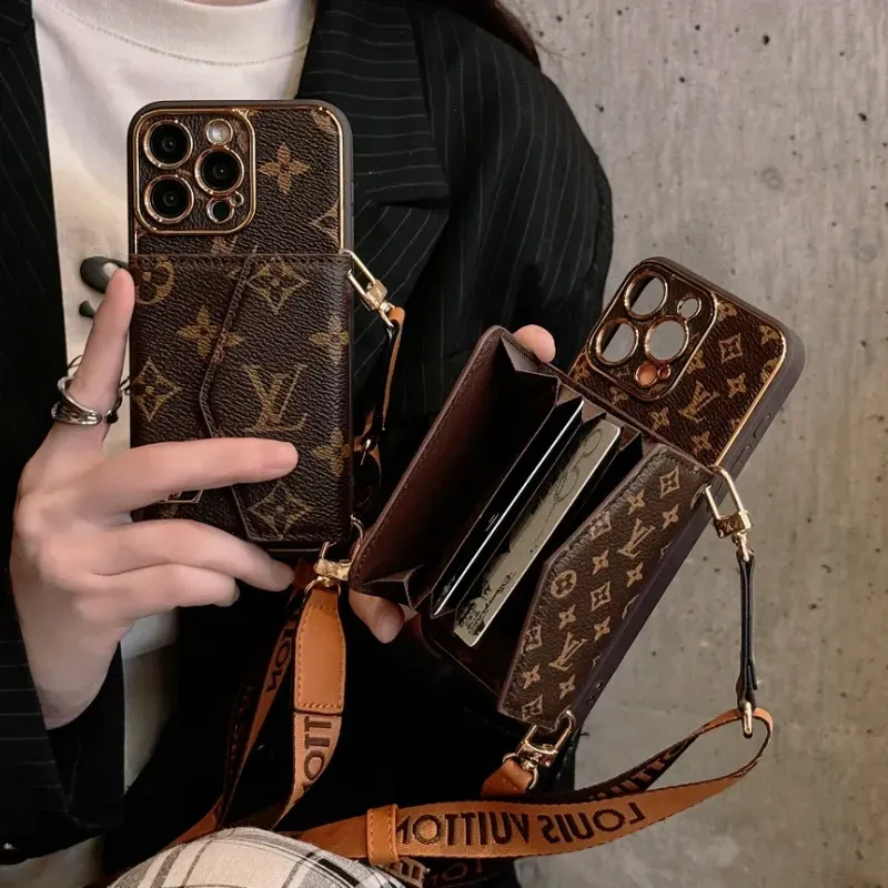 スタイリッシュ多機能 ストラップ付き高級レザー iPhone ウォレット ケース