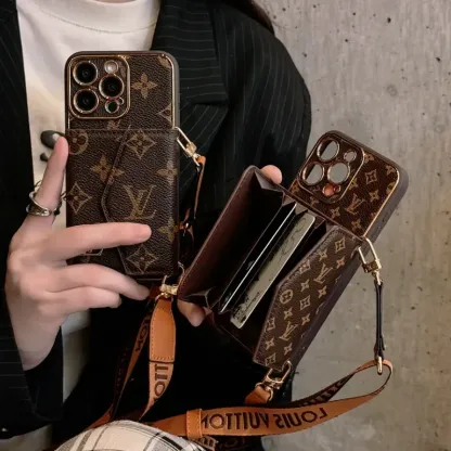 スタイリッシュ多機能 ストラップ付き高級レザー iPhone ウォレット ケース
