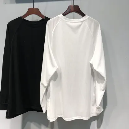 『M-4XL』刺繍 両サイドスリット 長袖Tシャツ 春秋 レディース くつろぎ ゆったり 綿100% トップス