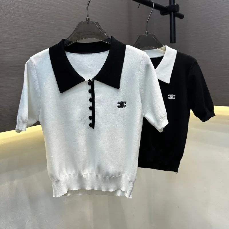 『フリーサイズ』憧れ 激売れ中 美人度アップ フェミニン 折り襟 ニット 半袖 Ｔシャツ