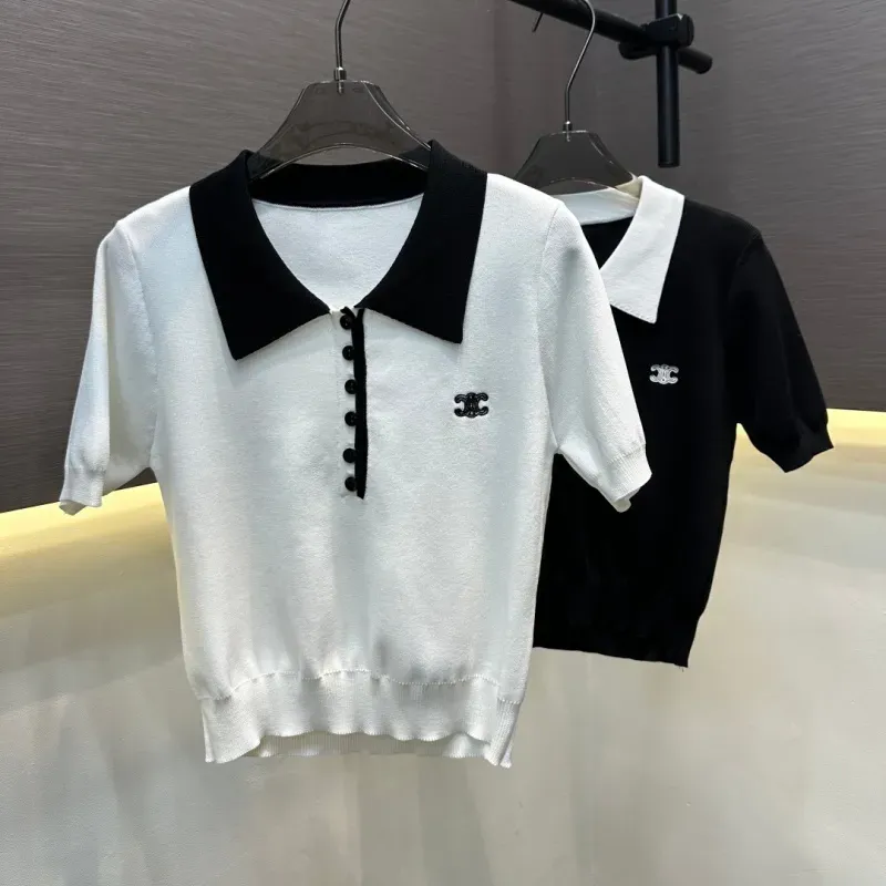 『フリーサイズ』憧れ 激売れ中 美人度アップ フェミニン 折り襟 ニット 半袖 Ｔシャツ