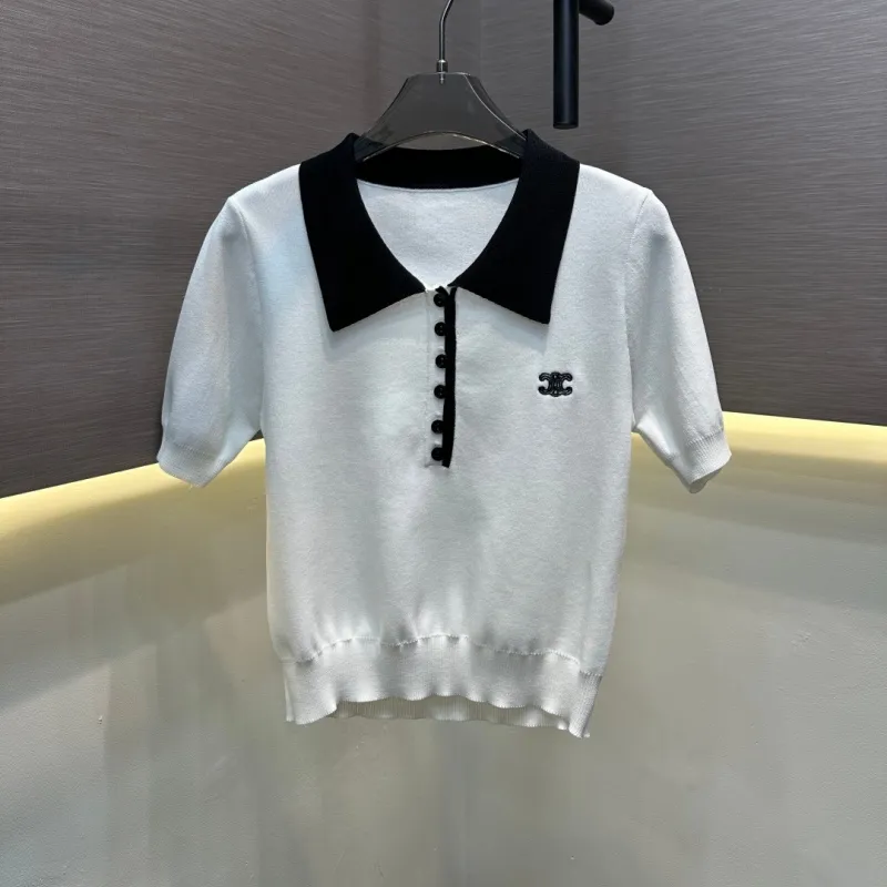 『フリーサイズ』憧れ 激売れ中 美人度アップ フェミニン 折り襟 ニット 半袖 Ｔシャツ