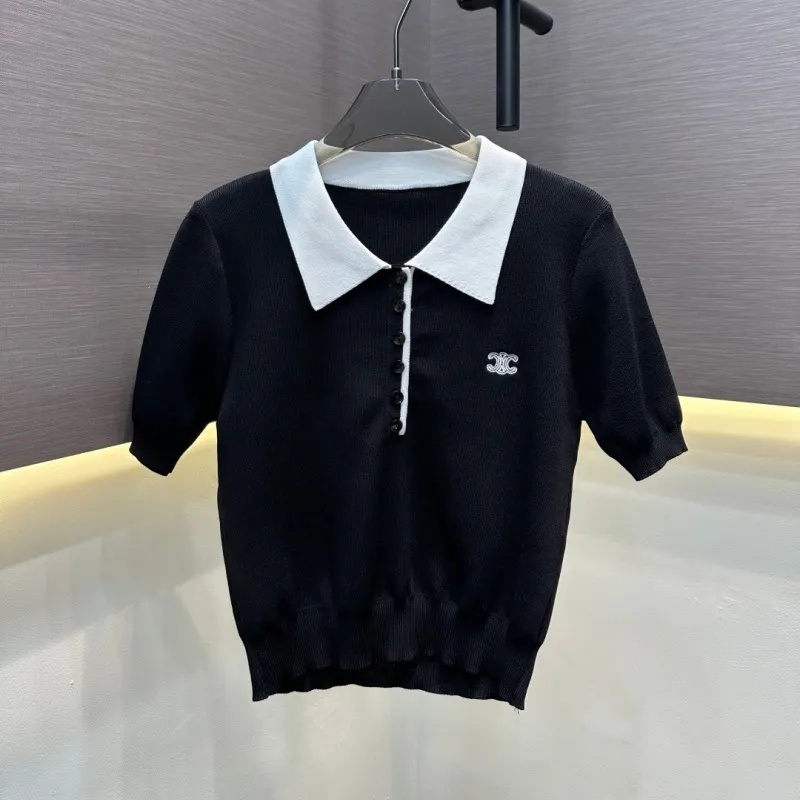 『フリーサイズ』憧れ 激売れ中 美人度アップ フェミニン 折り襟 ニット 半袖 Ｔシャツ