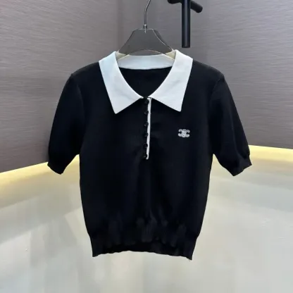 『フリーサイズ』憧れ 激売れ中 美人度アップ フェミニン 折り襟 ニット 半袖 Ｔシャツ