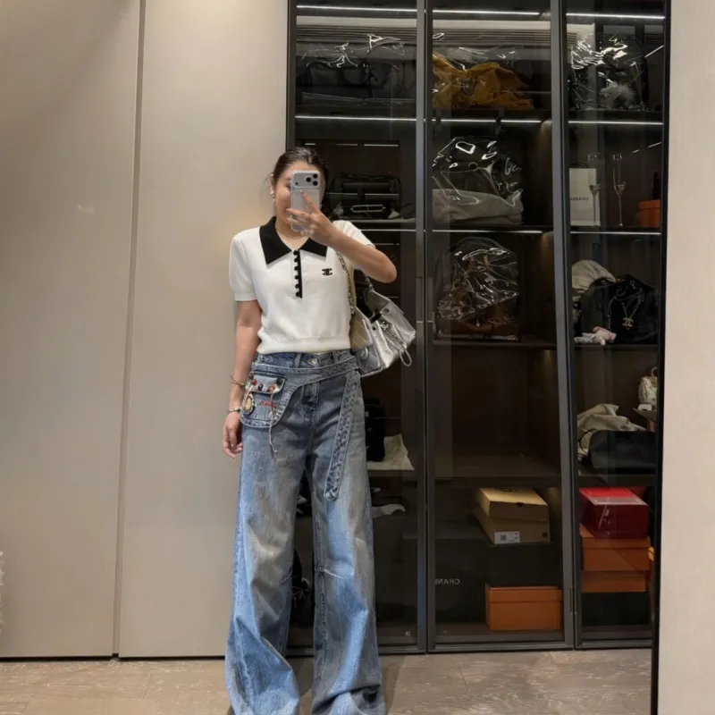『フリーサイズ』憧れ 激売れ中 美人度アップ フェミニン 折り襟 ニット 半袖 Ｔシャツ