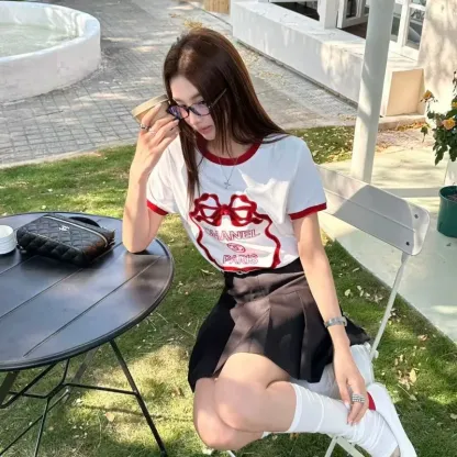 『S-L』人気爆発中 着回し最強 スウィート ベルベット リボン 半袖 Ｔシャツ