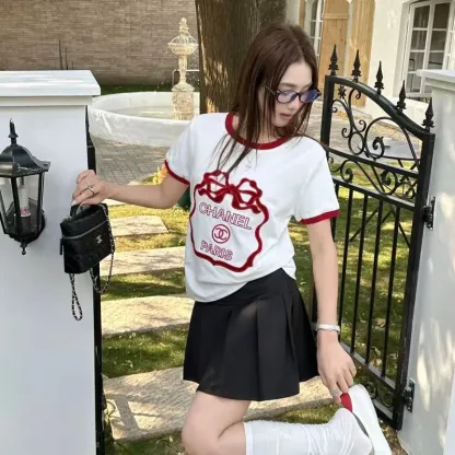 『S-L』人気爆発中 着回し最強 スウィート ベルベット リボン 半袖 Ｔシャツ