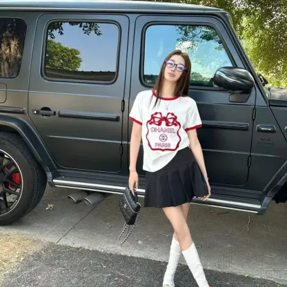 『S-L』人気爆発中 着回し最強 スウィート ベルベット リボン 半袖 Ｔシャツ