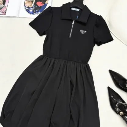 『S-L』大注目 女子マスト 高級感 セレブリティ 折り襟 ハーフ ジップ ワンピース