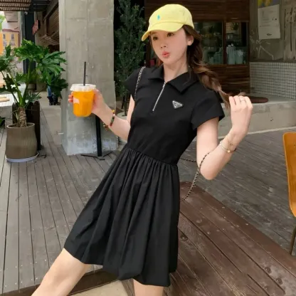 『S-L』大注目 女子マスト 高級感 セレブリティ 折り襟 ハーフ ジップ ワンピース