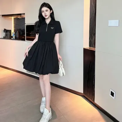 『S-L』大注目 女子マスト 高級感 セレブリティ 折り襟 ハーフ ジップ ワンピース