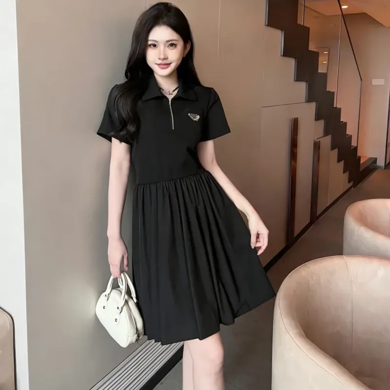 『S-L』大注目 女子マスト 高級感 セレブリティ 折り襟 ハーフ ジップ ワンピース