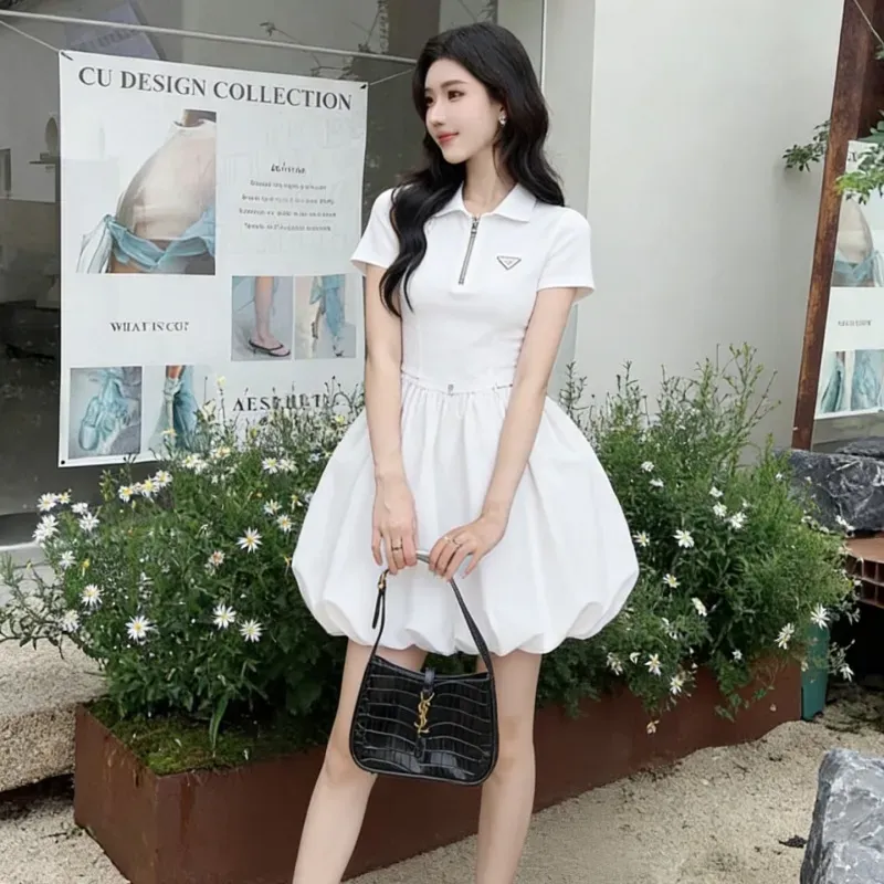 『S-L』大注目 女子マスト 高級感 セレブリティ 折り襟 ハーフ ジップ ワンピース