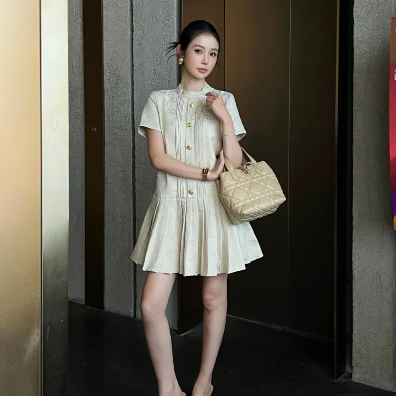 『S-L』大注目女子マスト 組み合わせやすい フェミニン スタンドネック ワンピース