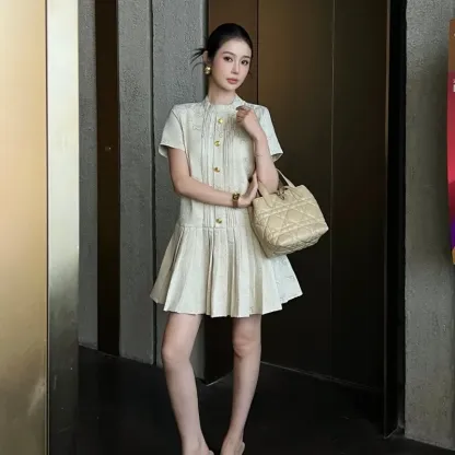 『S-L』大注目女子マスト 組み合わせやすい フェミニン スタンドネック ワンピース