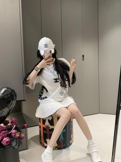 ファッショナブルなパッチワークラウンドネック純綿半袖Tシャツ、女性用、高級スイートルーズトップ