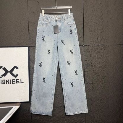 『S-XL』ラインストーンの文字刺繍が施された、最新のトレンドデザインのストレートレッグレディースジーンズ