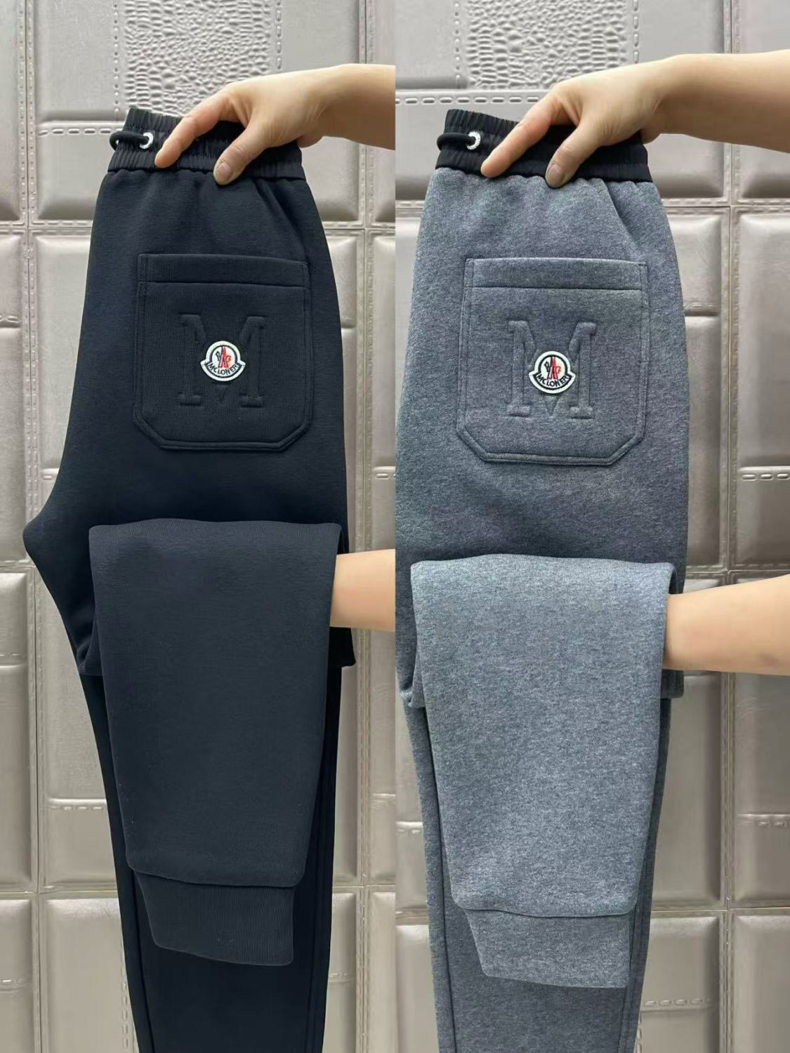 冬のおしゃれなヘザーグレーのフリース裏地コットン素材のトレンド感ある快適で暖かいカジュアルパンツ