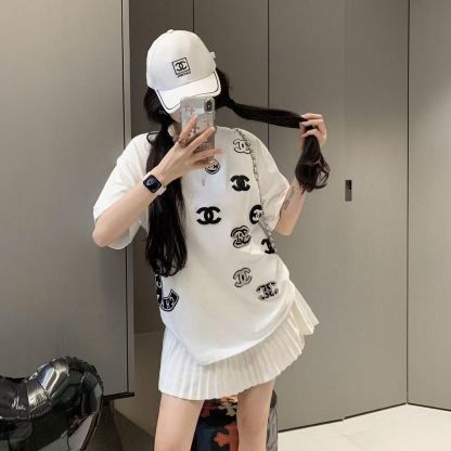 ファッショナブルなパッチワークラウンドネック純綿半袖Tシャツ、女性用、高級スイートルーズトップ