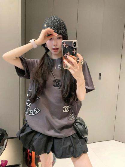 ファッショナブルなパッチワークラウンドネック純綿半袖Tシャツ、女性用、高級スイートルーズトップ