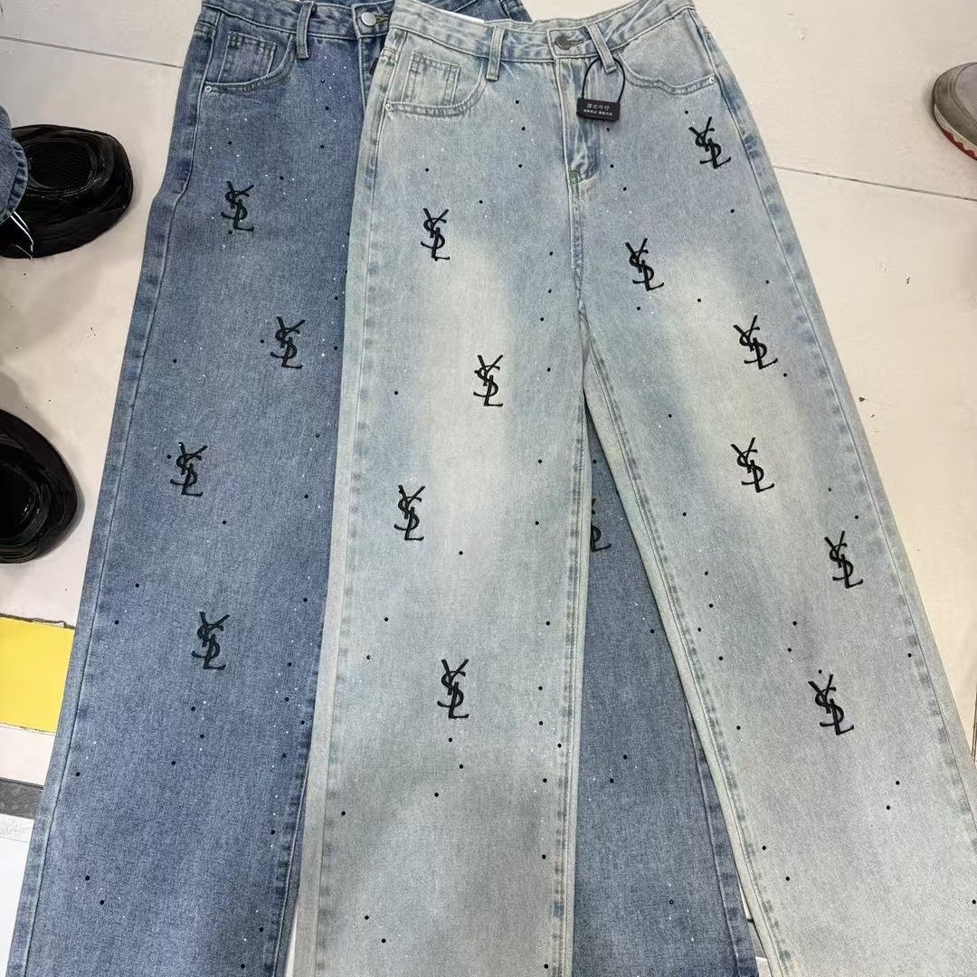 『S-XL』ラインストーンの文字刺繍が施された、最新のトレンドデザインのストレートレッグレディースジーンズ
