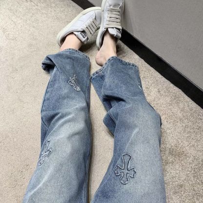 『S-XL』新作パッチワークデニムジーンズ、ゆったりとしたワイドレッグパンツ、ストレートレッグ、トレンディなブランド