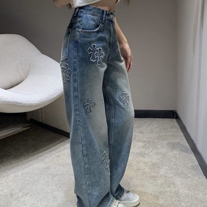 『S-XL』新作パッチワークデニムジーンズ、ゆったりとしたワイドレッグパンツ、ストレートレッグ、トレンディなブランド