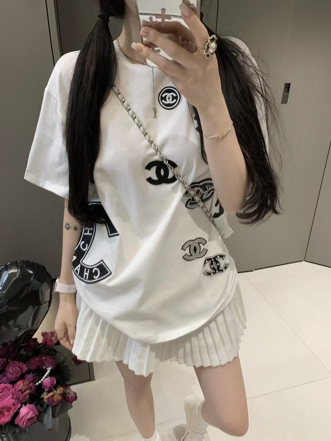 ファッショナブルなパッチワークラウンドネック純綿半袖Tシャツ、女性用、高級スイートルーズトップ