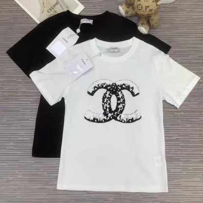 夏の新作、丈夫なビーズ付き純綿の半袖ゆったりカジュアルラウンドネックTシャツ。多用途に使えます。