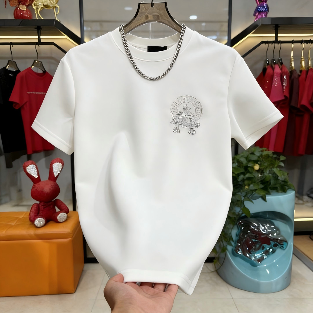 【L-5XL】重厚な刺繍と高品質のスパンコールが施された、ファッショナブルでカジュアルなベースレイヤーのラウンドネックプルオーバー半袖Tシャツ。