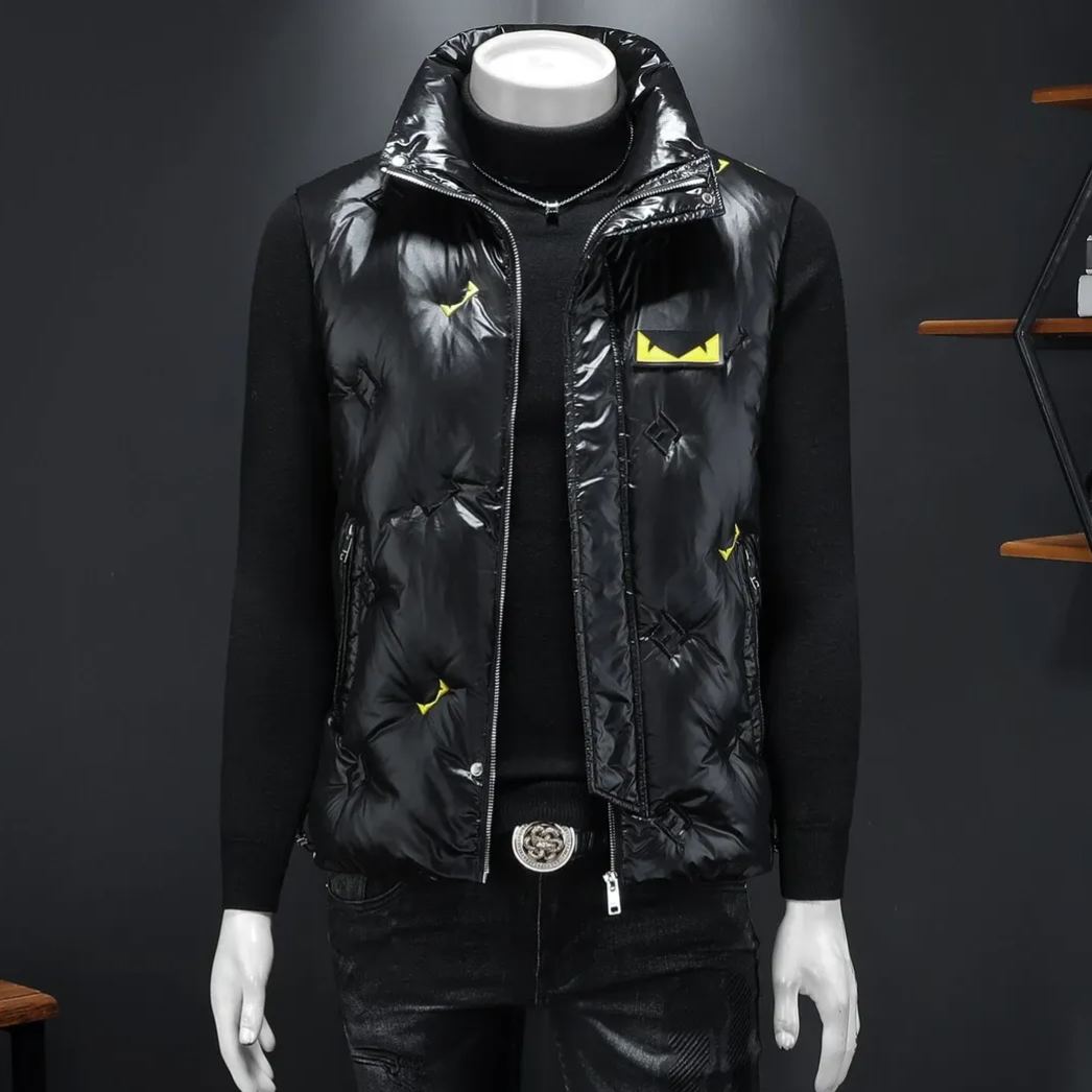 メンズダウンベスト、スタイリッシュなスタンドカラー、秋冬用の暖かいアウター