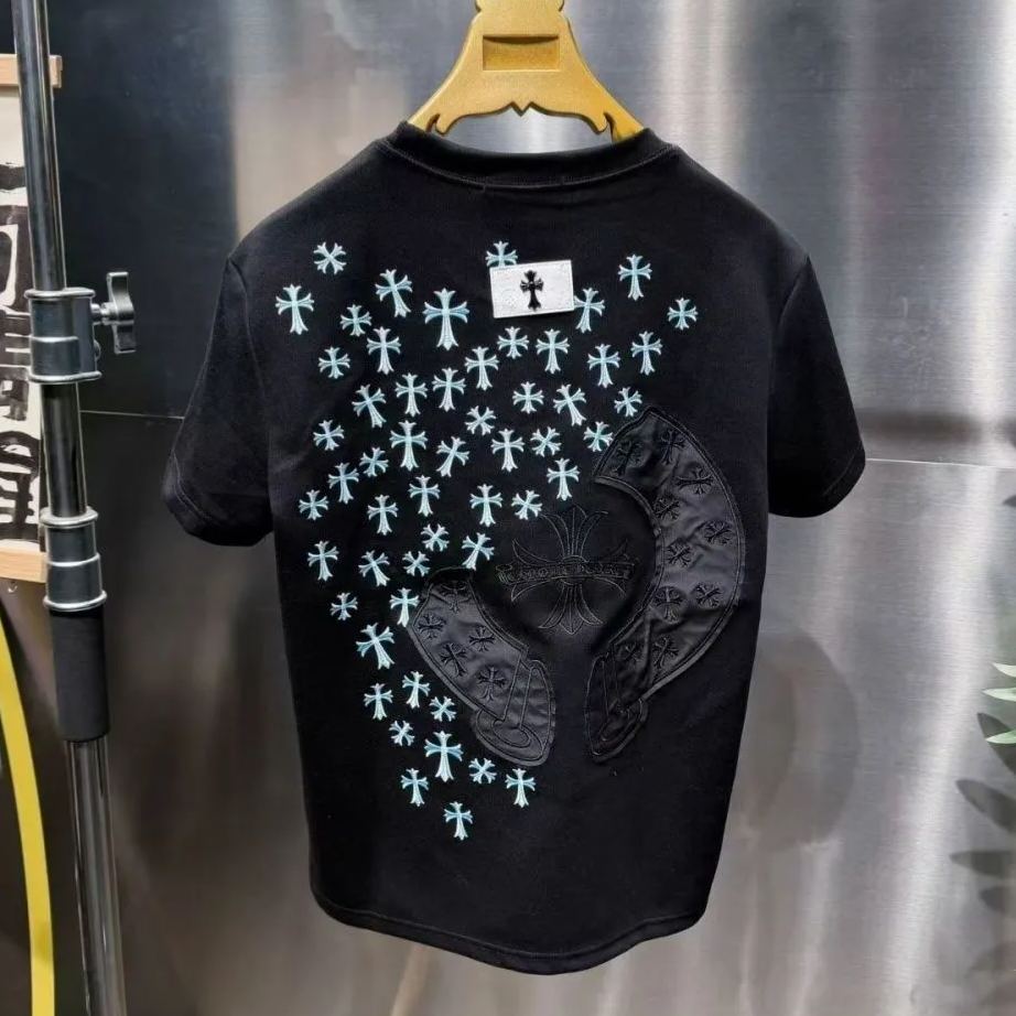 【L-5XL】秋冬カジュアルクルーネック半袖トレンディラグジュアリーTシャツトップス、重厚な刺繍入り