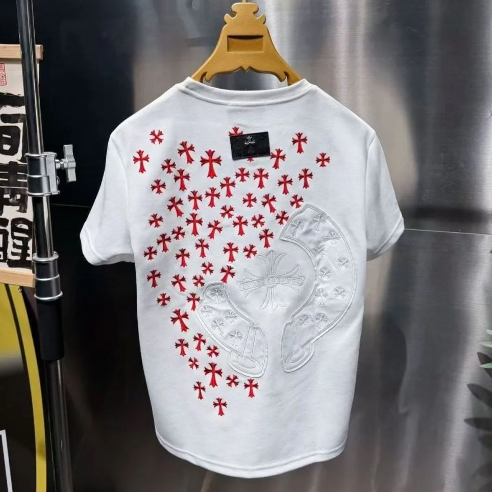 【L-5XL】秋冬カジュアルクルーネック半袖トレンディラグジュアリーTシャツトップス、重厚な刺繍入り