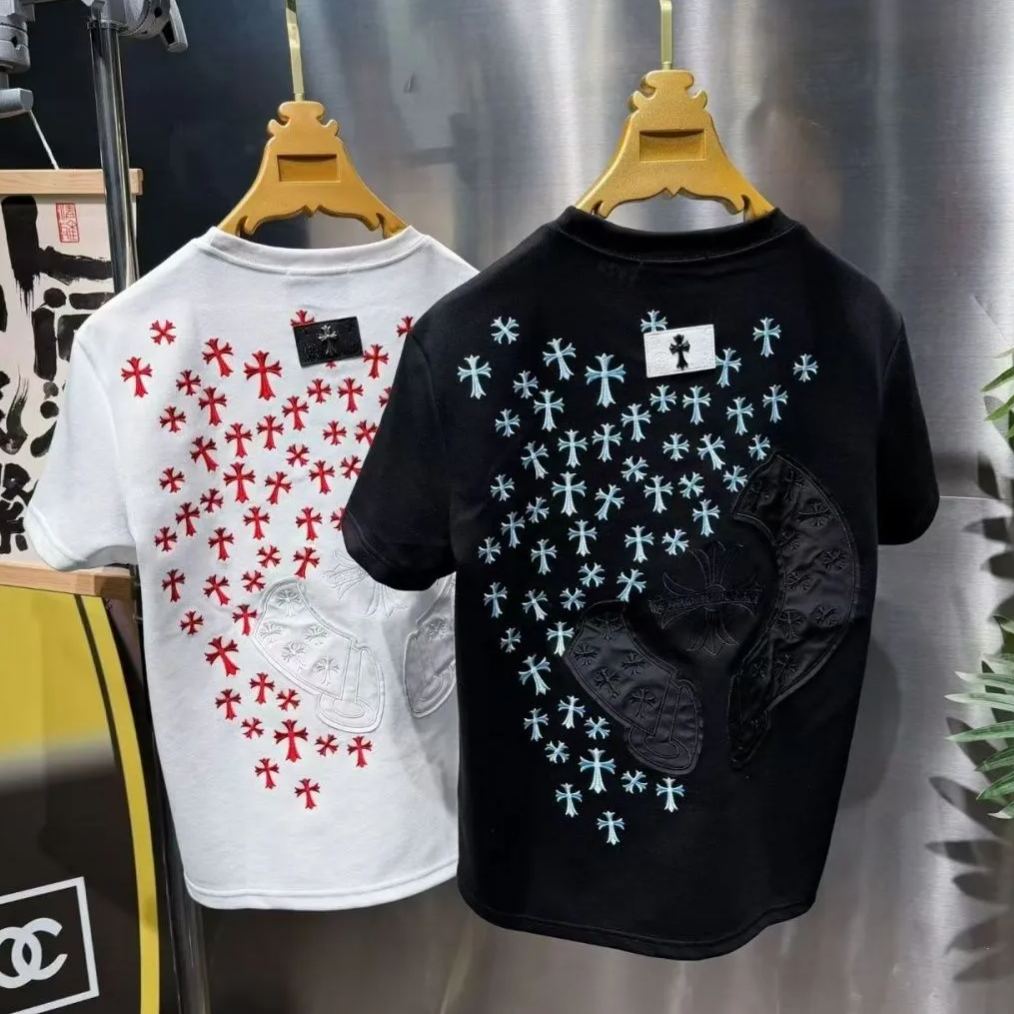 【L-5XL】秋冬カジュアルクルーネック半袖トレンディラグジュアリーTシャツトップス、重厚な刺繍入り